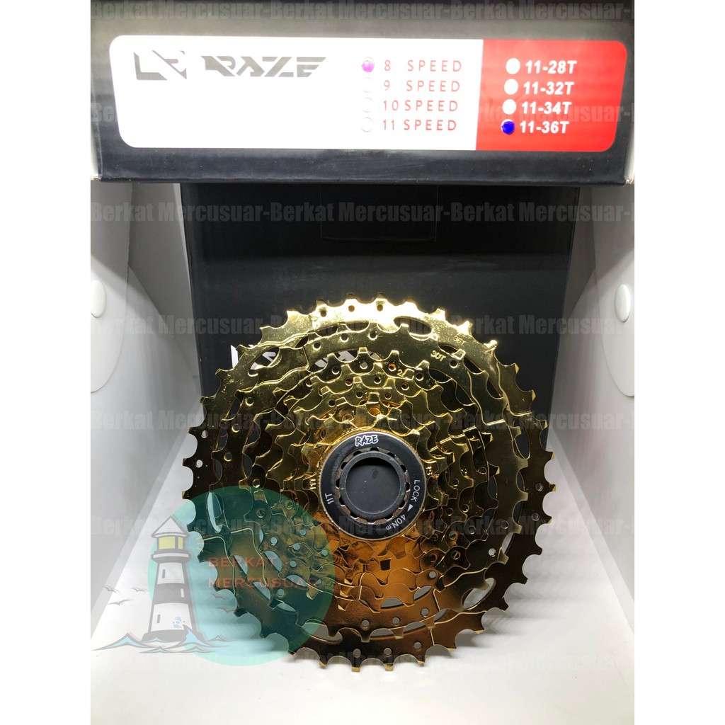 Raze Cassette Sprocket 8 Speed 11 - 34T/36T, dan 42T Warna Emas / Gold untuk Sepeda MTB