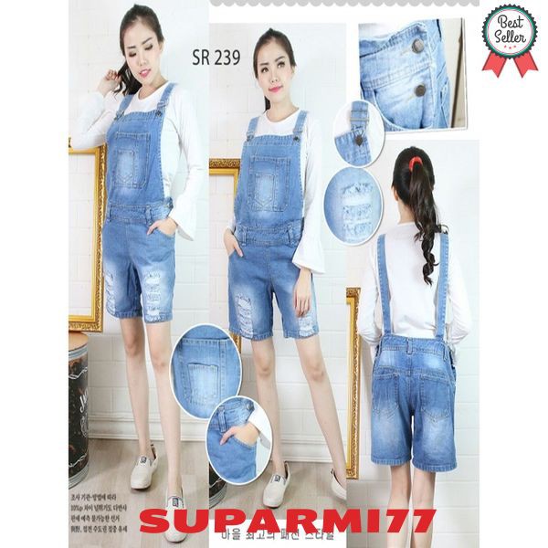 Baju Celana Kodok Overall Pendek Jeans Sobek Big Size Jumbo XL 2XL 3XL
