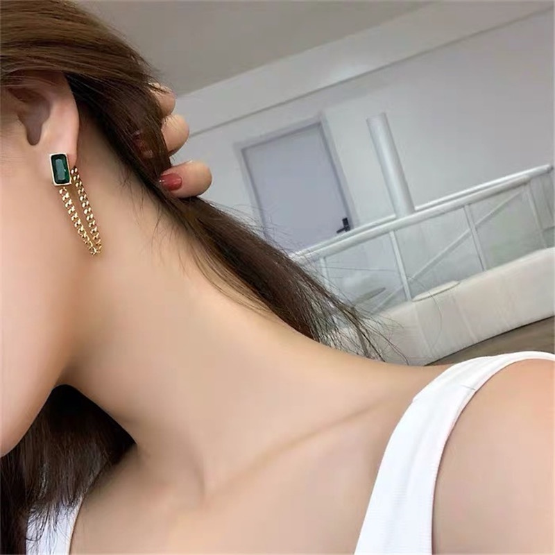 Anting Kait Bentuk Persegi Geometris Hias Kristal Berlian Zamrud Untuk Hadiah