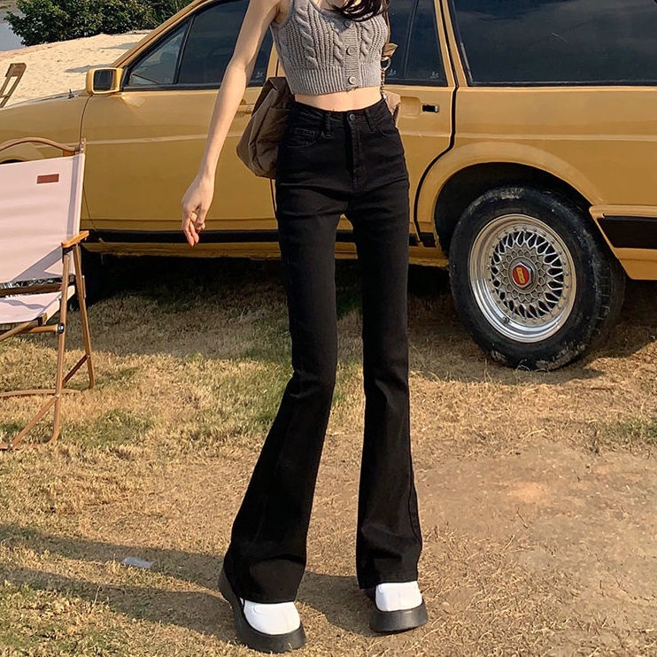 celana jeans high waist hitam pinggang tinggi flared jeans wanita 2022 small loose flared pants