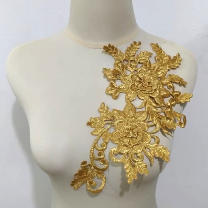 TERMURAH RENDA APLIKASI BORDIR BUNGA WARNA EMAS 