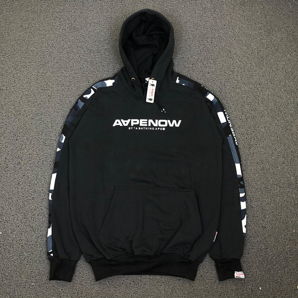 JAKET SWEATER HOODIE AAPE NOW BY A BATHING APE CAMO SLEEVE TAPE BLACK GENUINE MURAH