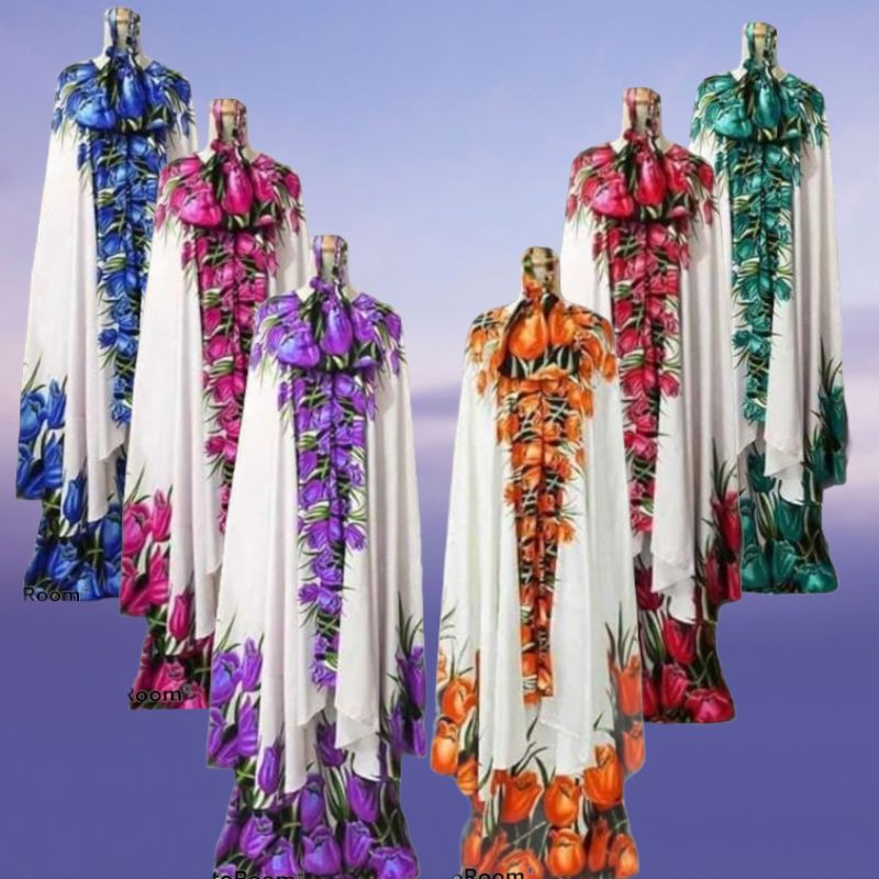 FASHION MUSLIM / MUKENA BALI / MUKENA DEWASA MOTIF BUNGA TULIP DASAR PUTIH SIZE STANDAR