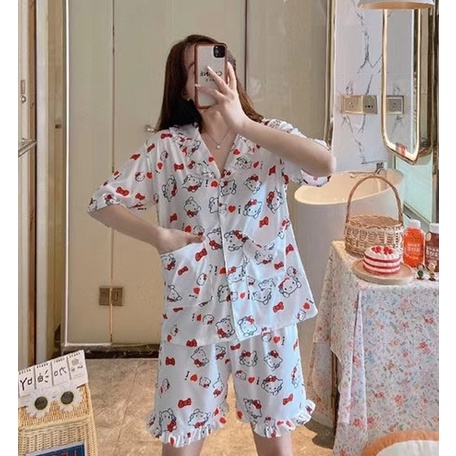 BAJU TIDUR PIYAMA IMPORT BERKANCING LENGAN PENDEK CELANA PENDEK