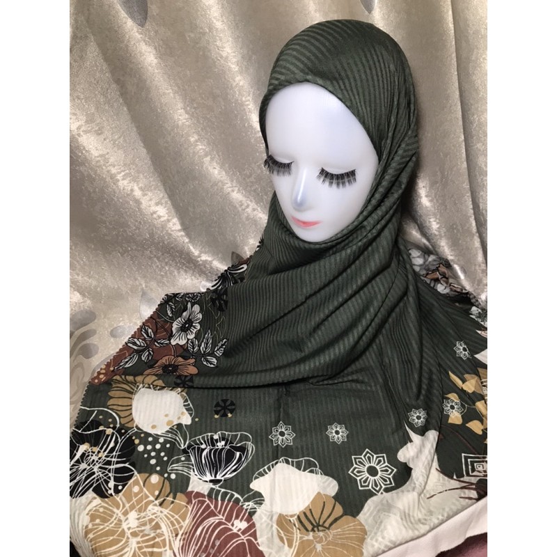 hijab segiempat motif garis corak bunga lasercut ~ hijau army