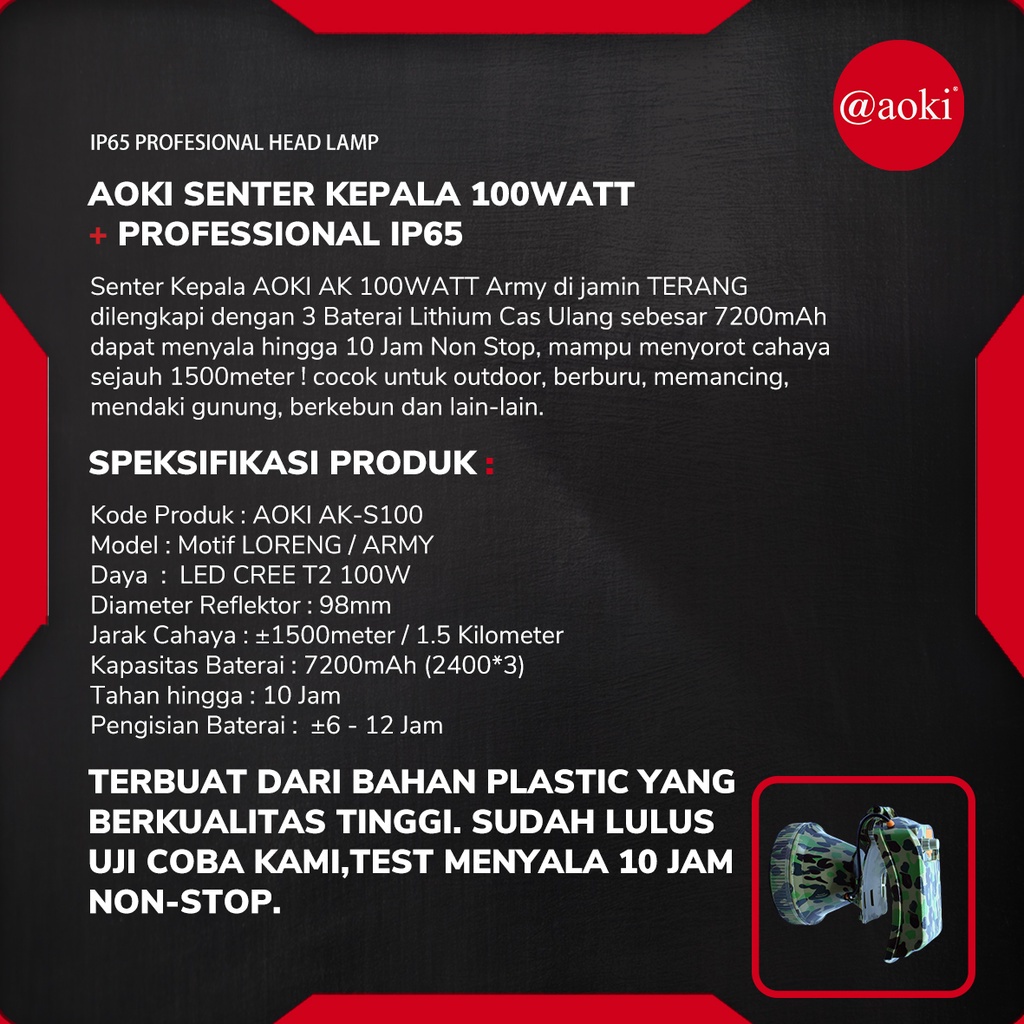 Bayar Ditempat - Senter Kepala 100W IP65 Aoki AK-S100 Cahaya Putih Super Terang Tahan Hingga 10Jam NonStop - Produk Berkualitas | FMS