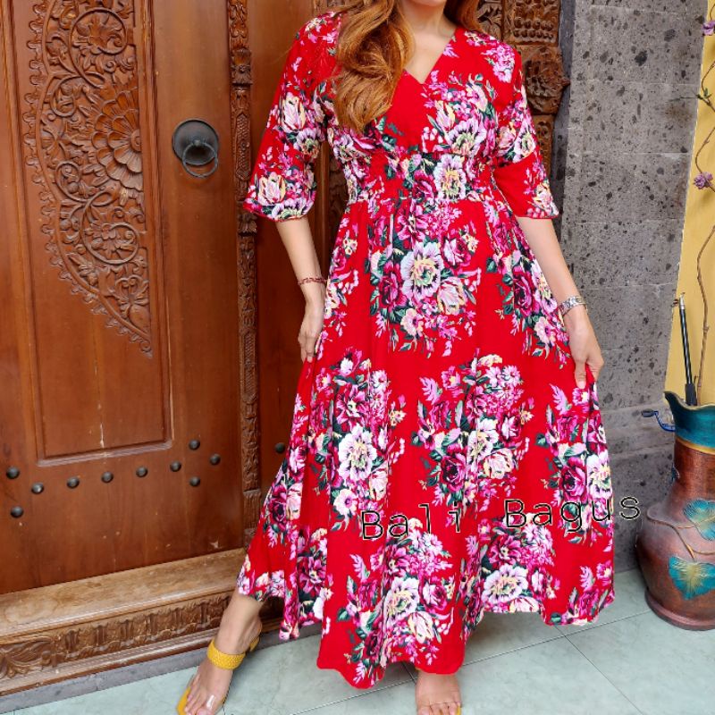 GAMIS BALI / DRES MOZA ( lengan lonceng)-Valentine merah