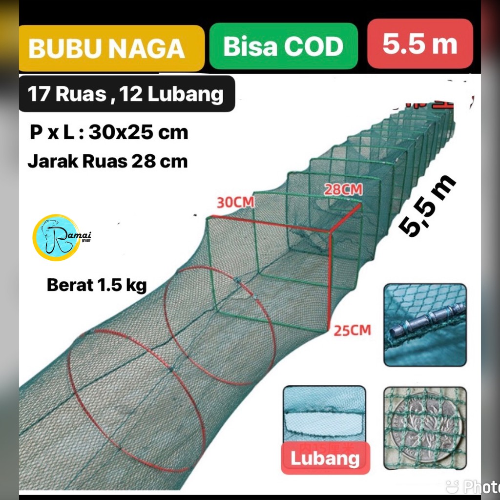 Jaring Bubu Naga Perangkap Udang Ikan Lipat Portable 17 Ruas 5,5 Meter