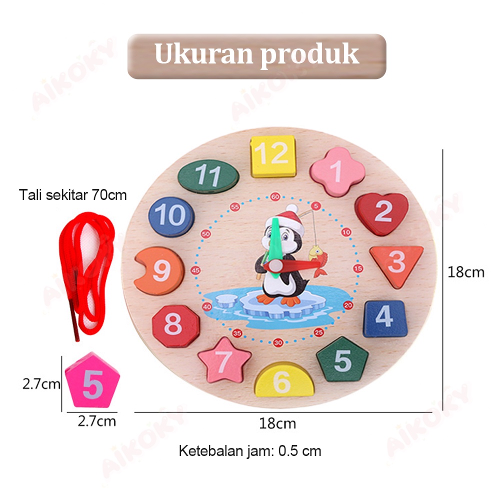 Aikoky Mainan Edukasi Jam Penguin Beaded Clock/ Puzzle Geometri / Puzzle Bentuk dan Warna