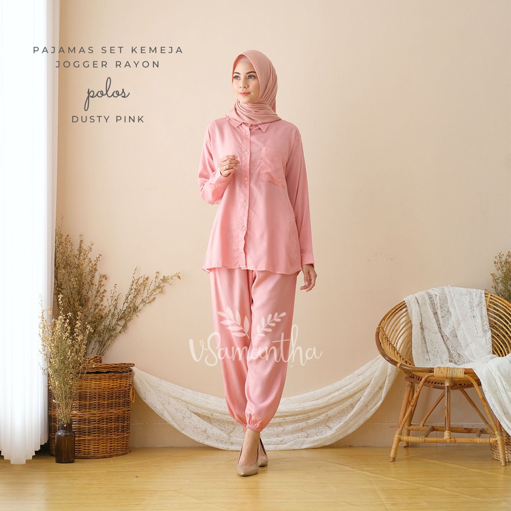 Pajamas Set Kemeja Jogger Rayon Polos