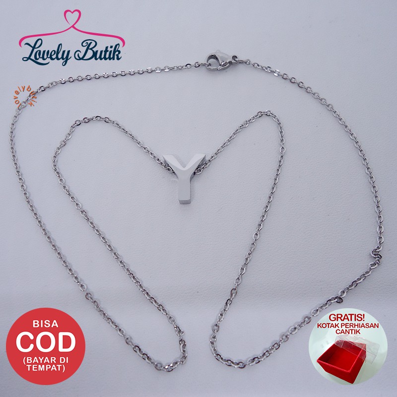 Lovelybutik Accent Kalung Huruf Titanium Anti Karat Inisial Y Uk 44 cm Warna Silver BONUS KOTAK