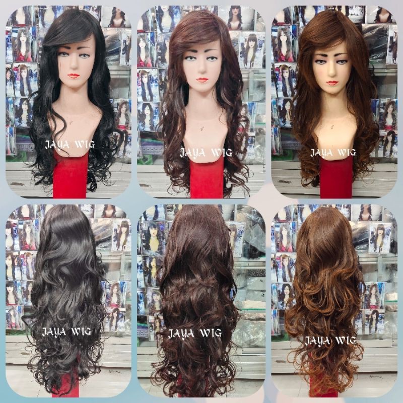 Wig Curly Panjang Rambut Palsu Wanita Model Keriting Panjang Poni Samping