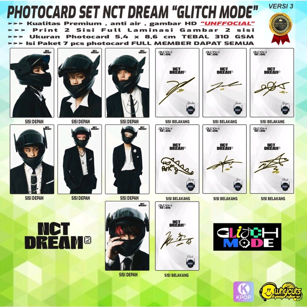 PHOTOCARD SET KPOP PREMIUM NCT DREAM // GLICTH MODE // FULL LAMINASI GLOSSY PRINT 2 SIS dan 1 SISI