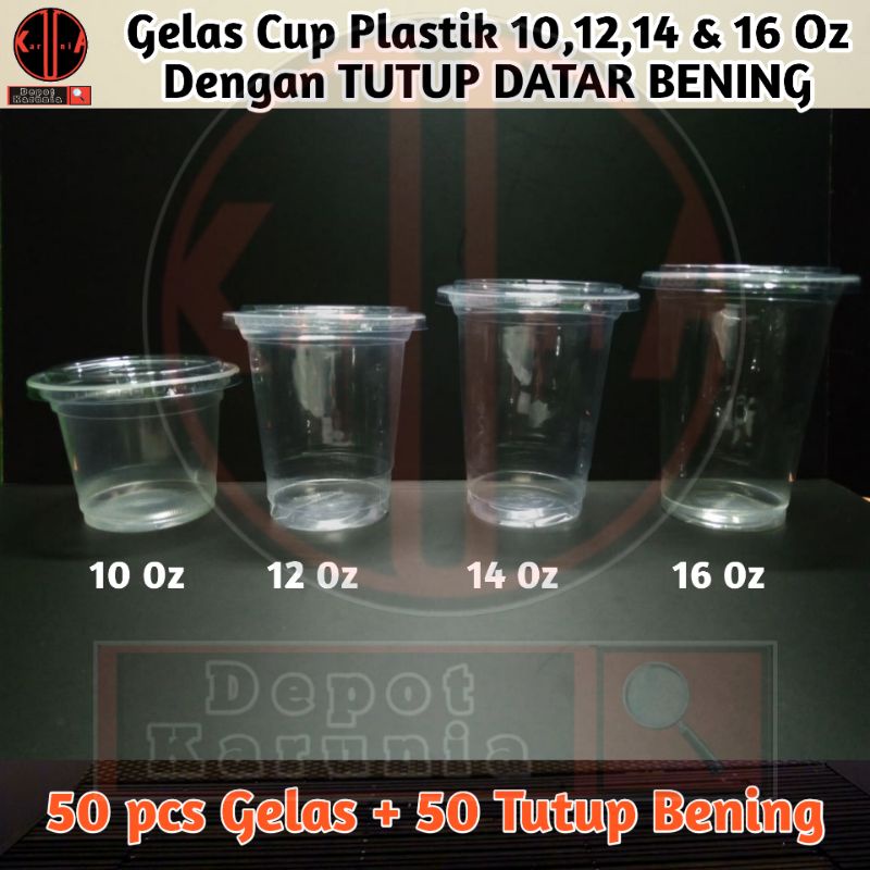 (50pcs) Gelas Plastik Cup oz Datar + (50pcs) Tutup Datar Bening