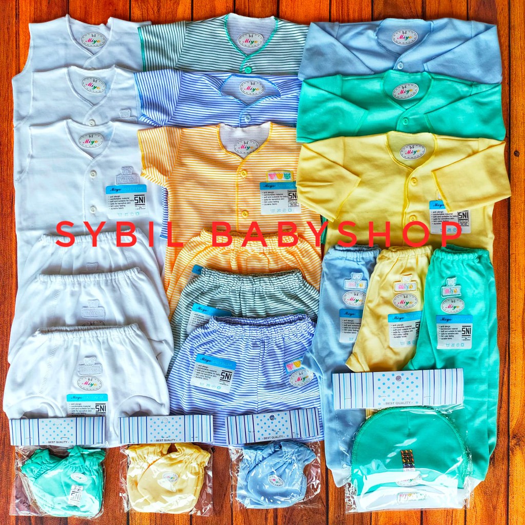 Paket Lengkap Baju Bayi NB Miyo Mix Putih Salur Warna 0-6 Bln Isi 31 Pcs | Kado Bayi-MY PTH SLR WRN 0-3 M