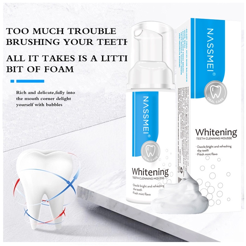 NASSMEI Whitening Teeth Cleaning Mousse-60g/ Mousse Foam Toothpaste / Buang noda/ Tarik nafas segar/ Pasta gigi portabel