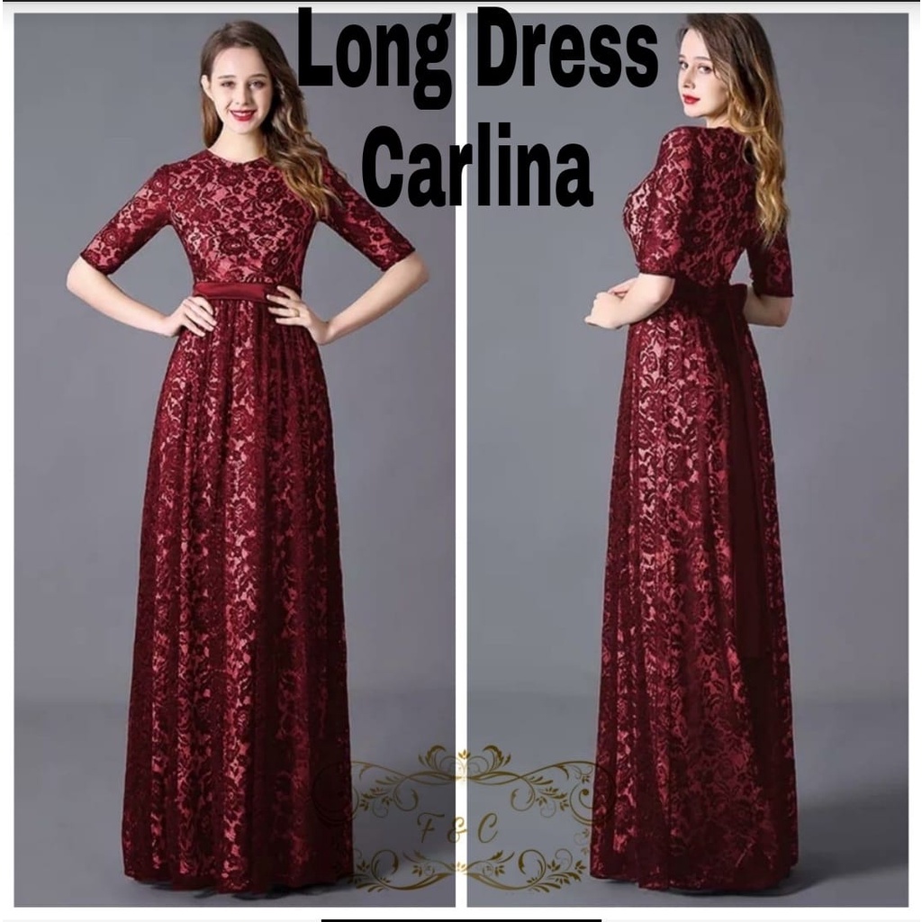 LONG DRESS CARLINA FASHION PAKAIAN WANITA BAHAN BRUKAT FEHM