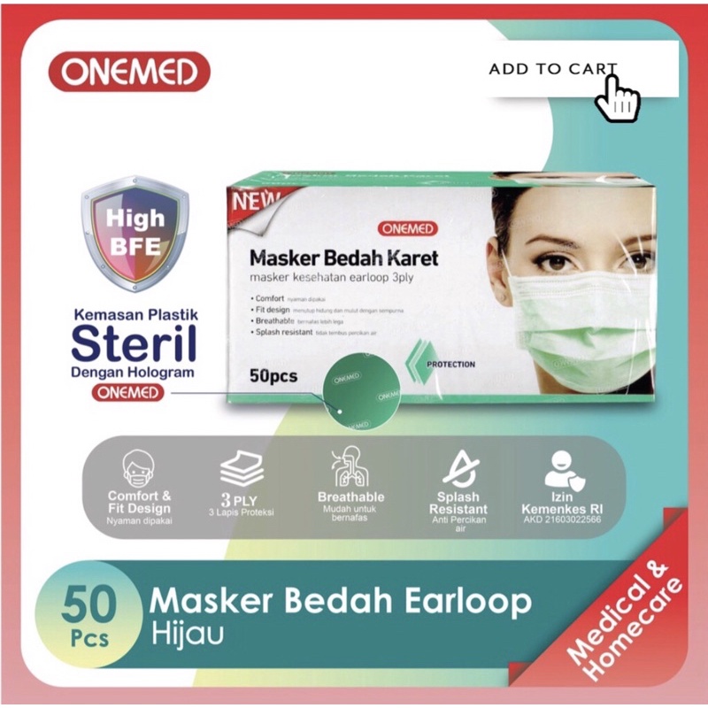 masker medis 3ply earloop ONEMED & BESTMED (1 box isi 50) face mask