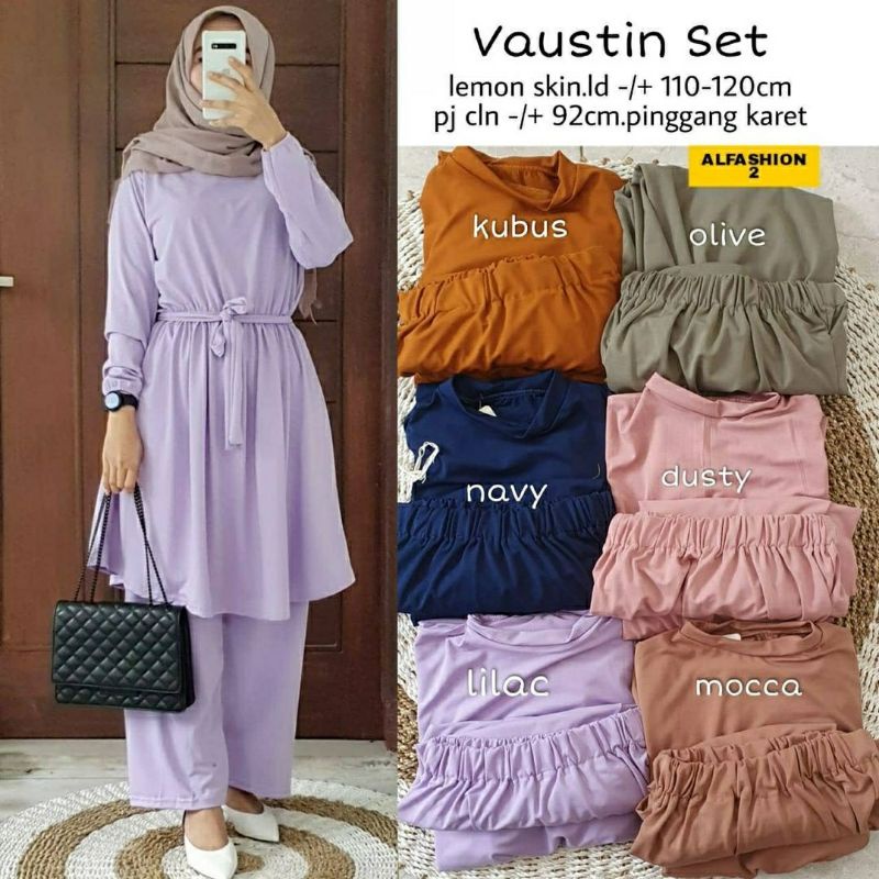 Vaustin Set, SETELAN WANITA MUSLIM POLOS CANTIK JUMBO BAHAN LEMON SKIN PREMIUM LD 110-120 TERMURAH