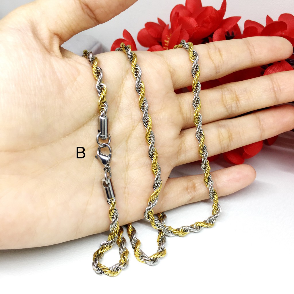 Rantai Kalung Titanium Pria Dua Warna Silver Gold Panjang 70 cm Tambang Anti Karat - BC068