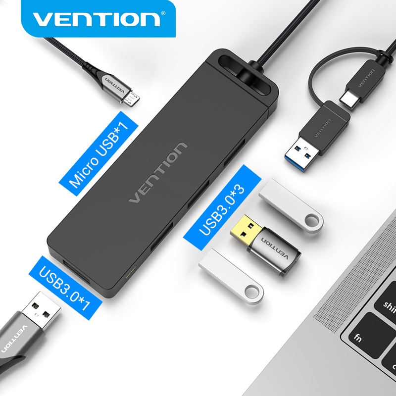 Vention Hub USB 3.0 2 in 1 Dengan 4 Port USB 3.0 Untuk Laptop / Komputer / Hard disk / Handphone