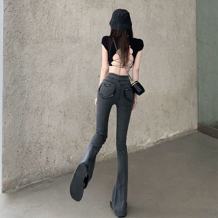 Red Celana Jeans Tipis Pinggang Tinggi Hitam Wanita Musim Panas Kaki Kecil Terkulai Slim Fit Desain Ceruk Celana Micro-flare Celana