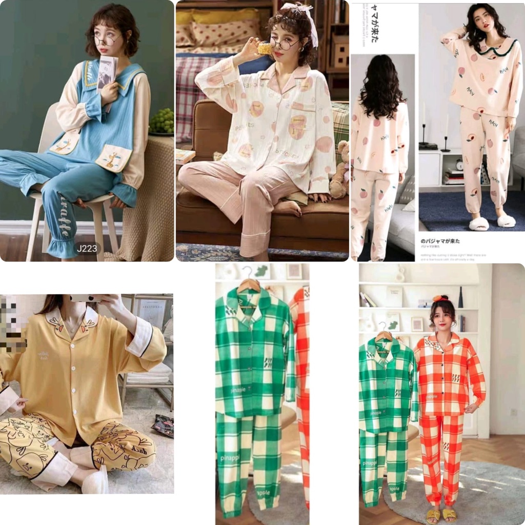 Baju tidur piyama lengan panjang celana panjang bahan kaos import