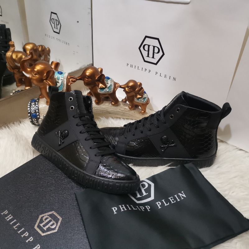 sepatu boots philipp plein cowok sneaker pria high top branded mirror men shoes hitam vip P1SHOES