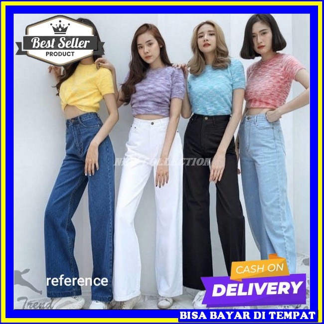 Jeans Wanita Celana Jins Sobek Kaki Lebar Longgar Berpinggang Tinggi Longgar Kulot Jeans Polos