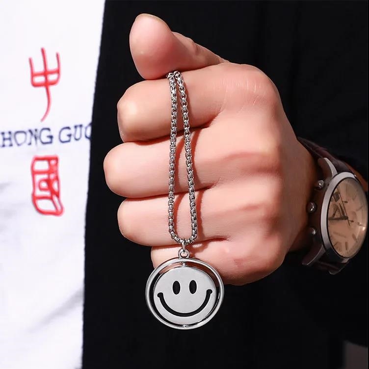 XiaoboACC Kalung Liontin Smiley Face Bahan Titanium Steel Gaya Korea Hip Hop