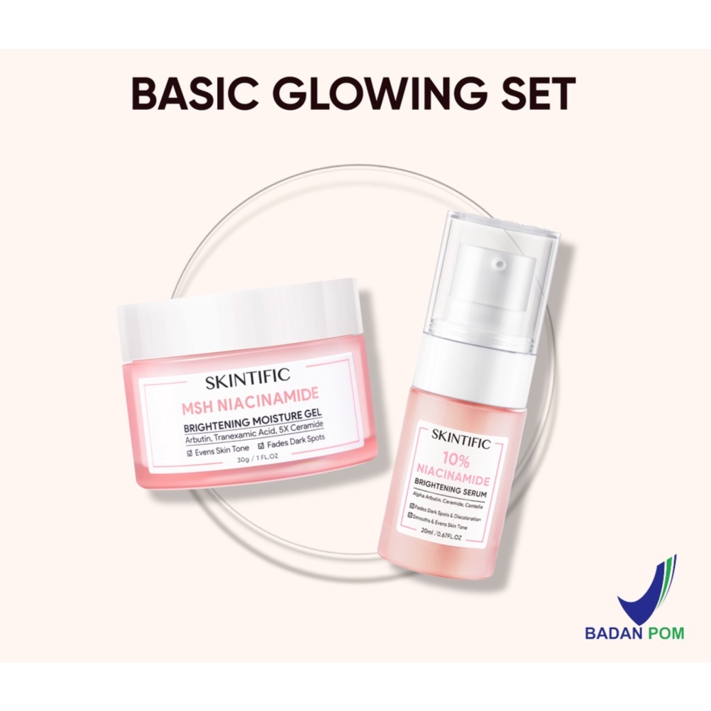 SKINTIFIC Brightening Combo 10% Niacinamide Brightening Serum 20ml + MSH Niacinamide Brightening Moisture Gel 30g Face Cream Krim Pemutih Pelembab