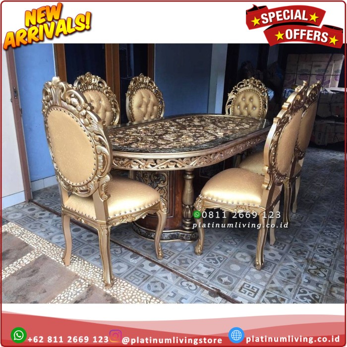 Meja Makan Jati Ukiran Mewah 6 Kursi, Meja Makan Mewah Jepara, Kursi Platinumliving Furniture Indone