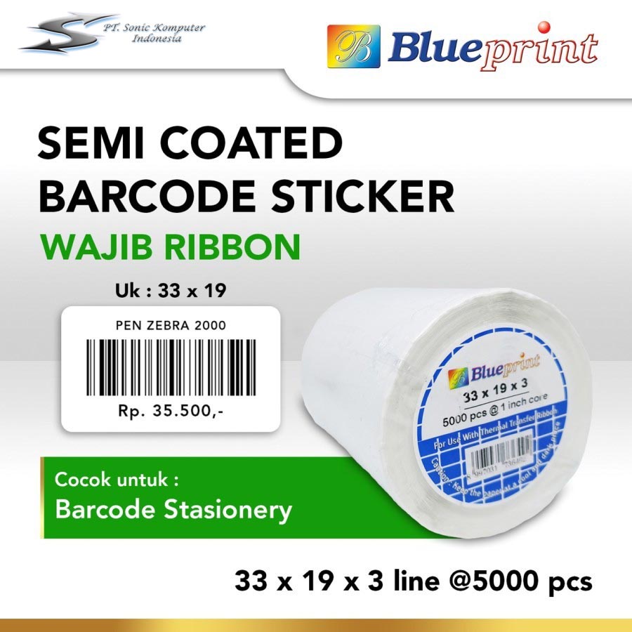 Sticker label Barcode 33x19mm 3 Line Semi Coated BLUEPRINT isi 5000Pcs Stiker Core 1&quot; Inch