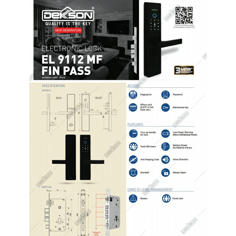 KUNCI PINTU ELEKTRONIK / ELECTRONIC LOCK DEKSON EL 9112 MF FIN PASS BLACK