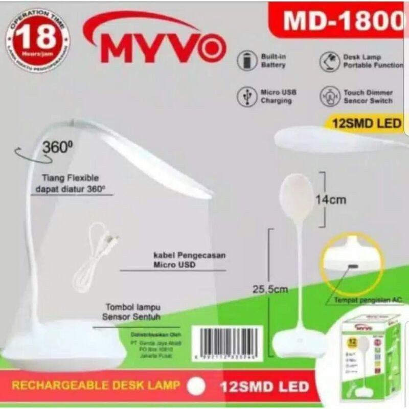 Lampu Meja Belajar MYVO / Lampu Belajar Led / Lampu Baca Rechargeable Myvo MD-1800