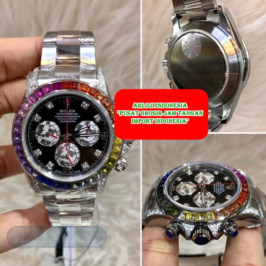 Impor Jam Tangan Pria ROLEX Daytona Rainbow Silver SWISS ETA 1:1 Garansi 1th