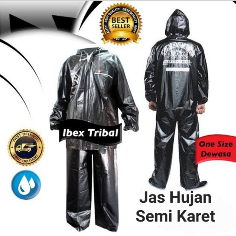 Setelan Jas Hujan Jaket Celana Hitam Tribal Ibex - Jas Hujan Dewasa Black