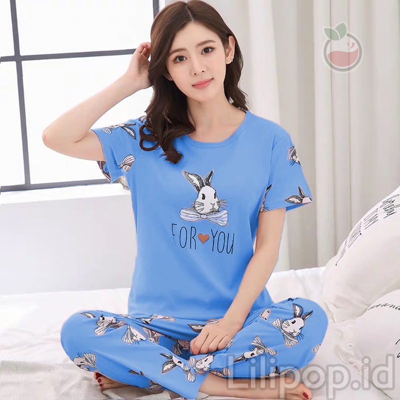 Baju Tidur Stelan Wanita Celana Panjang Dewasa Allsize Cp-For you biru