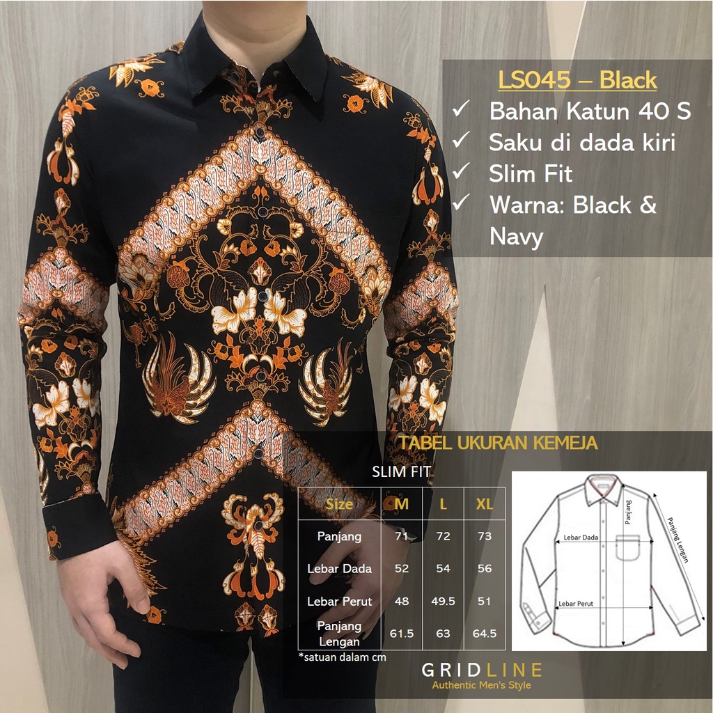 [GRIDLINE - LS075 Elegant Brown &amp; LS054 Navy] Kemeja Batik Slimfit Pria Katun Lengan Panjang Modern