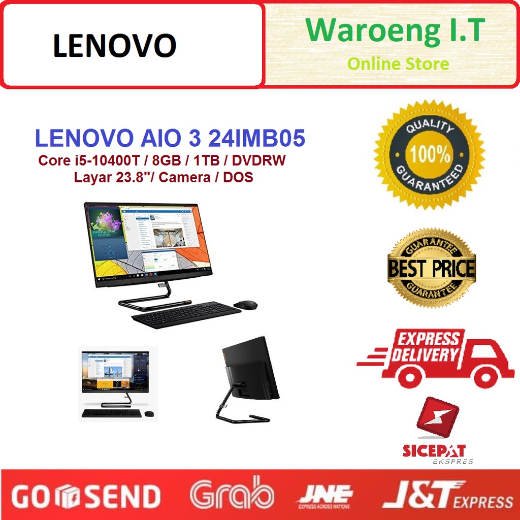 LENOVO AIO 3 24IMB05 Core i5-10400T / 8GB / 1TB / DVDRW / Layar 23.8"/ Camera / DOS