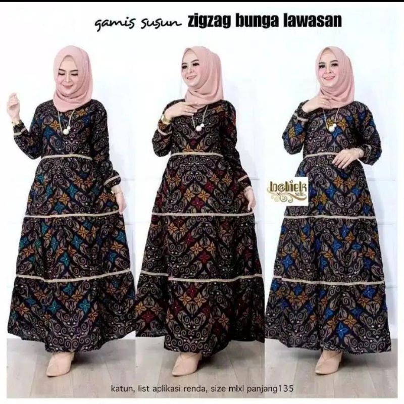 GAMIS BATIK SUSUN ZIGZAG BUNGA LAWASAN / GAMIS BATIK KEKINIAN DRES KONDANGAN MURAH DRES SARIMBIT BAT