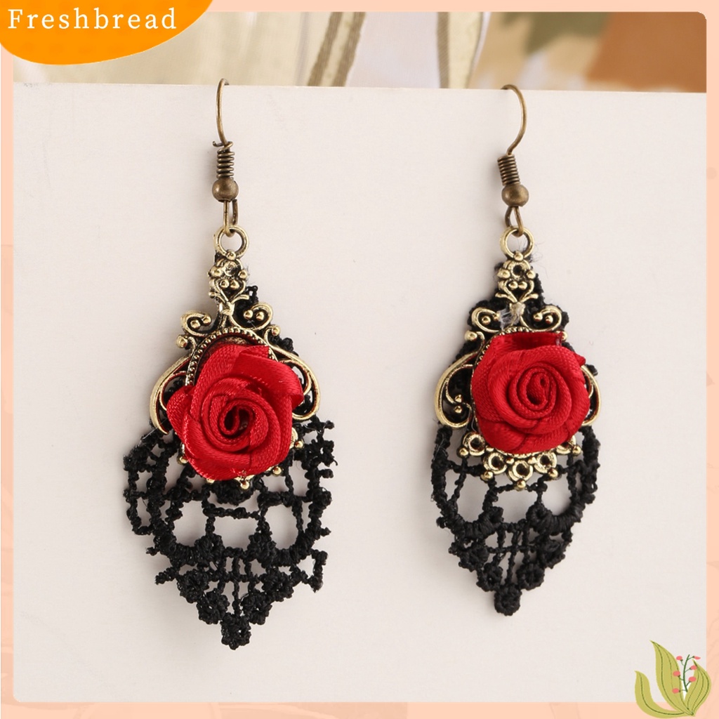 【Fresh】1 Pair Vintage Gothic Vampire Halloween Black Lace Red Flowers Dangle Earrings