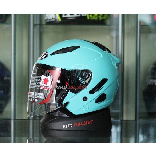 Helm KYT Galaxy Flat R Solid Aqua KYT Half Face Biru Tosca Double Visor
