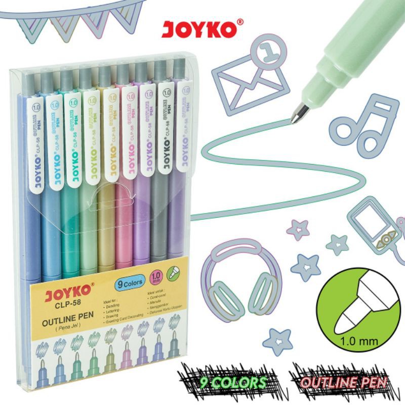 Pulpen Jel Warna Outline Gel Pen Color Joyko CLP-58 9 Warna 1.0 mm-2