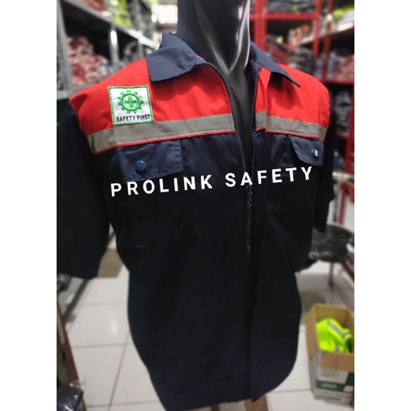 SERAGAM BAJU SAFETY LENGAN PENDEK MERAH NAVY RESLETING