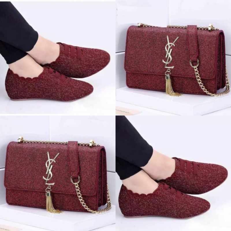 paket tas gliter dan sepatu maroon