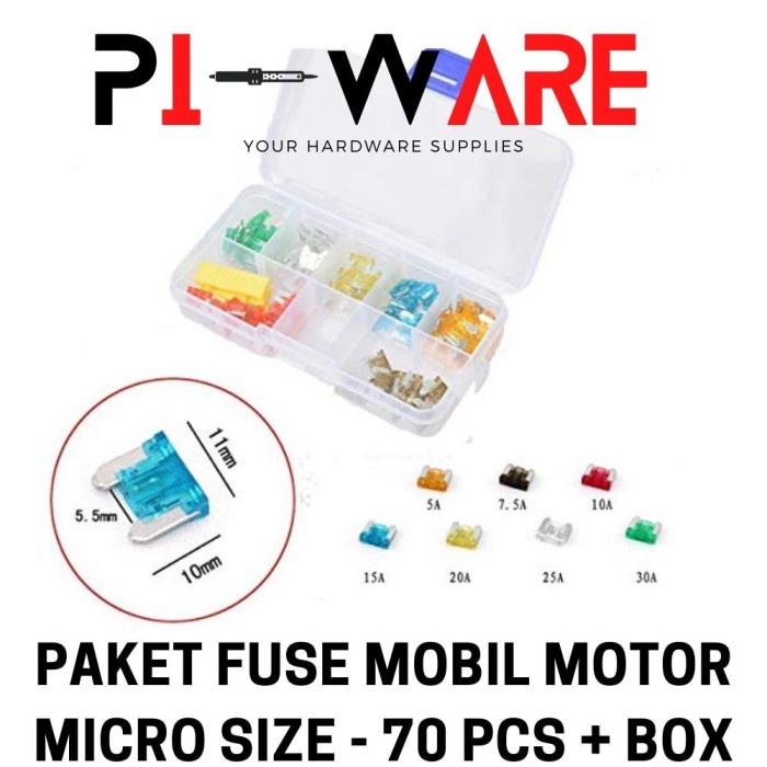 Sekring Fuse Micro Size Blade Mobil Motor 70Pcs 7 Ukuran Plus Box