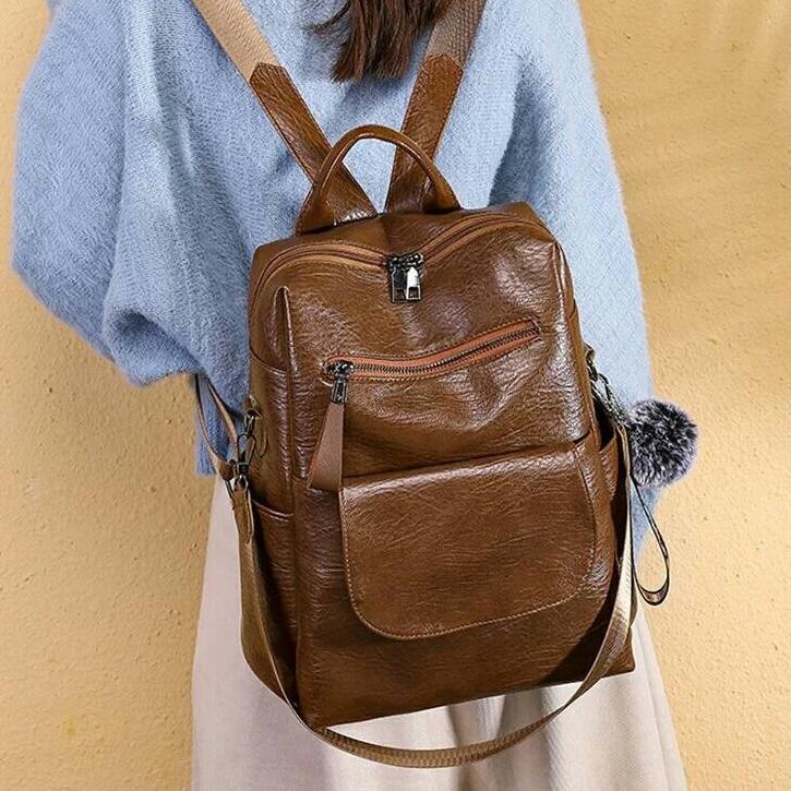 ◘ Ransel Import Batam Kulit PU Remaja Casual Tas Ransel Wanita Multifungsi FREE Pompom ➹