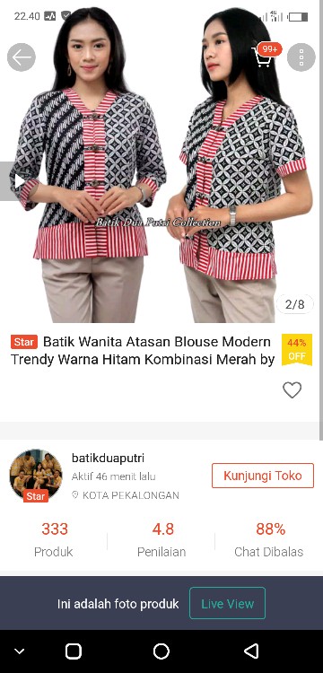Batik Wanita Atasan Blouse Modern Trendy Warna Hitam Kombinasi Merah By Batik Dua Putri Collection