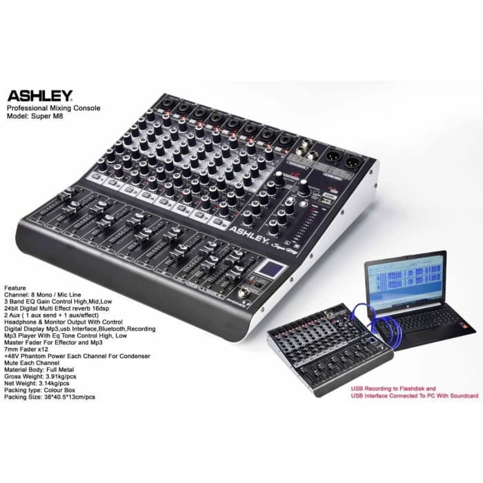 Mixer Ashley 8 Channel Super M8 New Effect Digital Reverb Bluetooth Pc Recording Soundcard